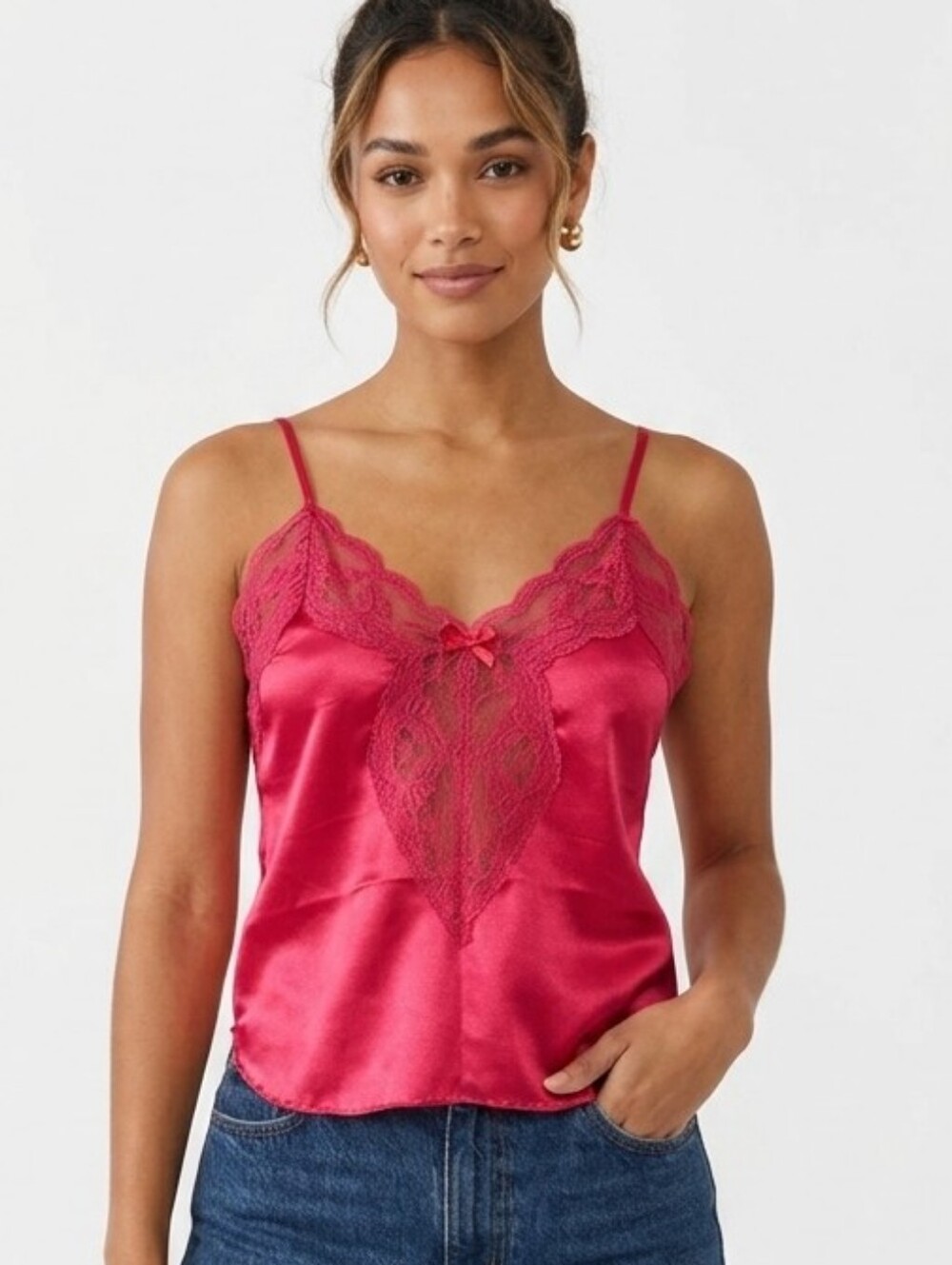 Vtg Sensual Fashions Hot Pink Lace Trim Satin Bow Spaghetti Strap Camisole Top M
